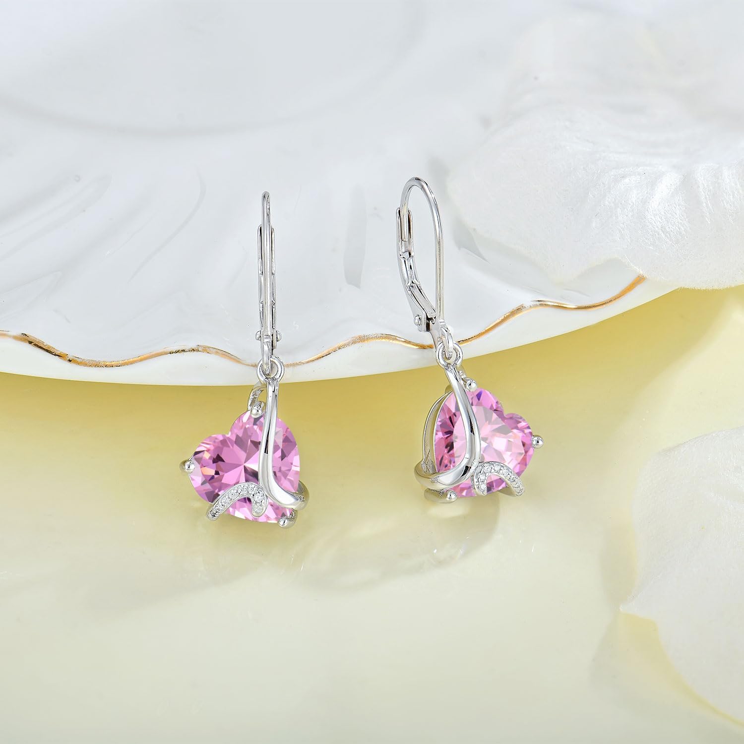 Women Heart Dangle Earrings 925 Sterling Silver Birthstone Heart Leverback Drop Earrings 5A Cubic Zirconia Jewelry for Her