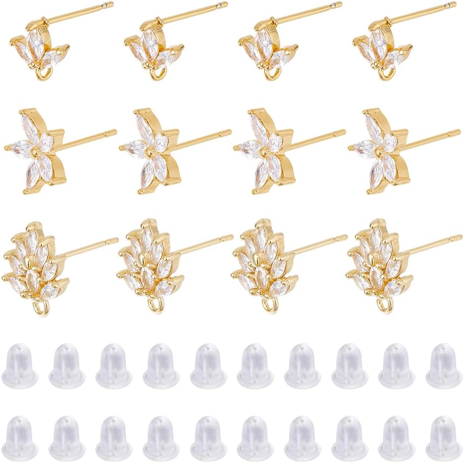 DICOSMETIC 12Pcs Cubic Zirconia Earring Stud Finding 18K Gold Plated Flower Earrings Post with Loop and 40Pcs Ear Nuts Rhinestone Earring Posts Brass Earring Studs for Earring Making, Pin: 0.8mm