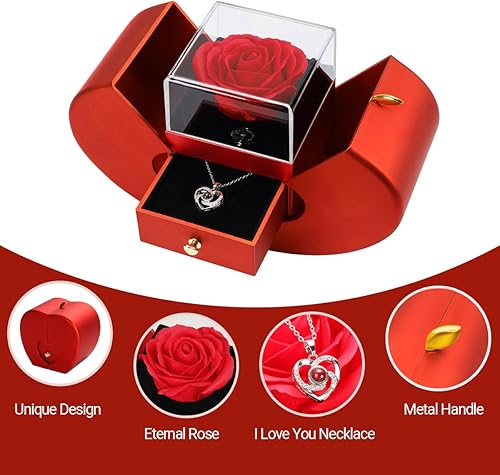 Miniatura 5 de Emibele Collar de rosa real preservada con corazón, flores eternas y collar de corazón de cristal, regalos románticos para mujeres, mamá, esposa,