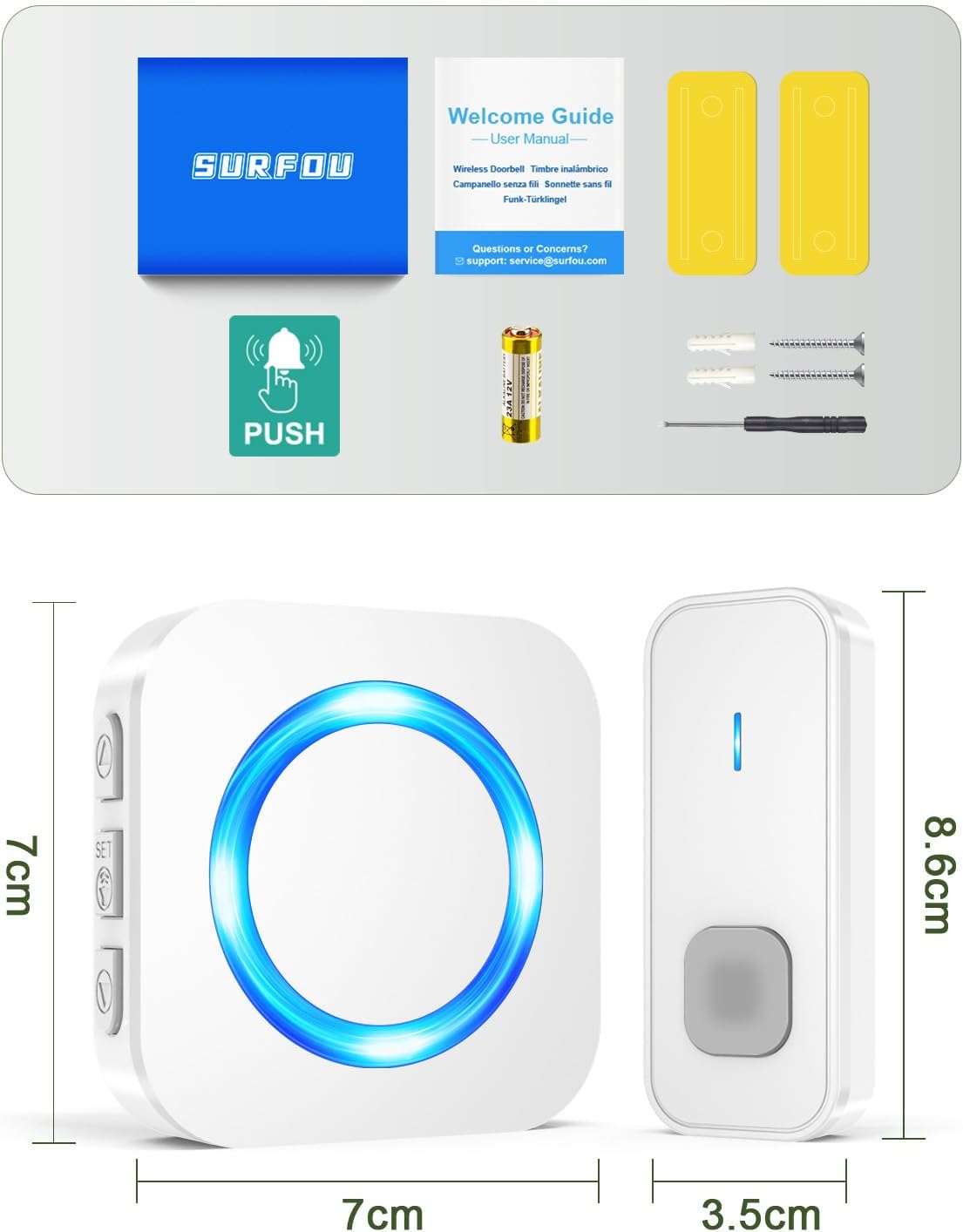 Package contents of SURFOU Wireless Doorbell Kit N6