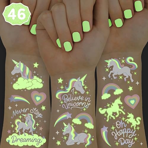 xo, Fetti Recuerdos de fiesta de unicornio arcoíris – Tatuajes temporales para niños – 46 estilos que brillan en la oscuridad | Suministros para