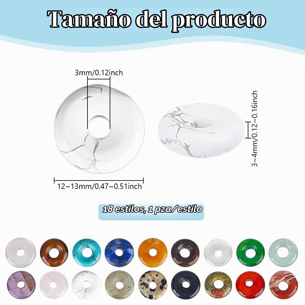 18 dijes de piedra natural en forma de dona, cuentas planas de piedra de dona, agujero grande, cuentas de piedras preciosas pulidas para pulseras, collares, aretes, joyería, agujero: 3 mm