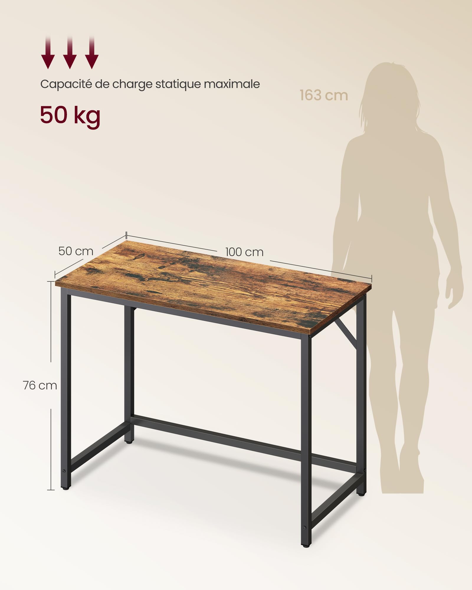 VASAGLE Bureau d'Ordinateur, Table, 50 x 100 x 76 cm, pour Bureau, Chambre, Salon, Cadre en Métal, Marron Rustique et Noir d'Encre LWD41XV1