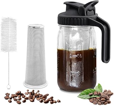 GOSCHE 32oz Glass Pitcher with Lid, Wide Mason Jar for Coffee, Black