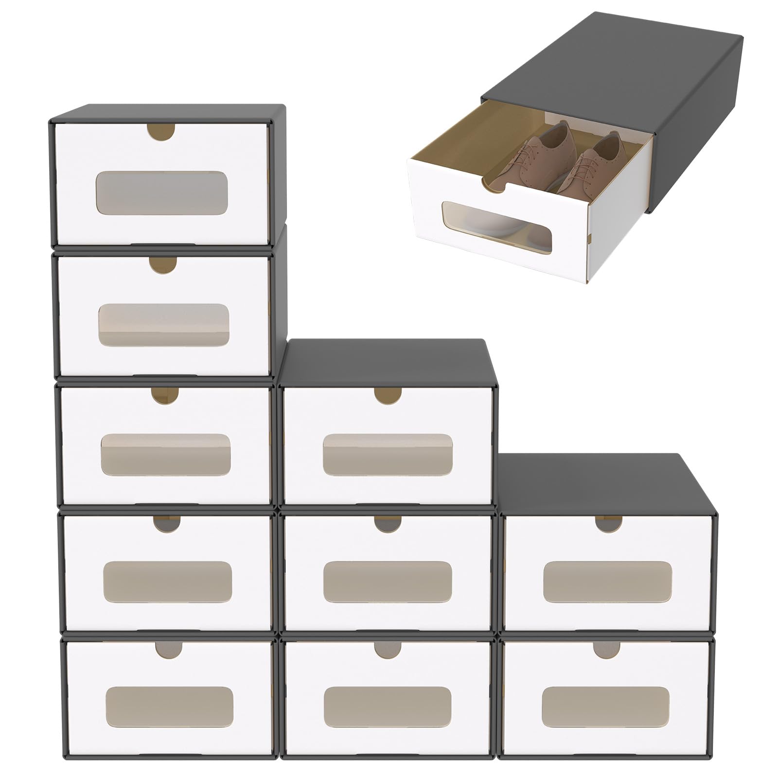 ACXIN Schuhboxen Stapelbar Boxen-Set,Aufbewahrungsbox Schubladen mit Transparentes Sichtfenster,Pappkarton aus Kraftpapier,34.5 x 23.5 x 13.5 cm,30 Stück, Anthrazit