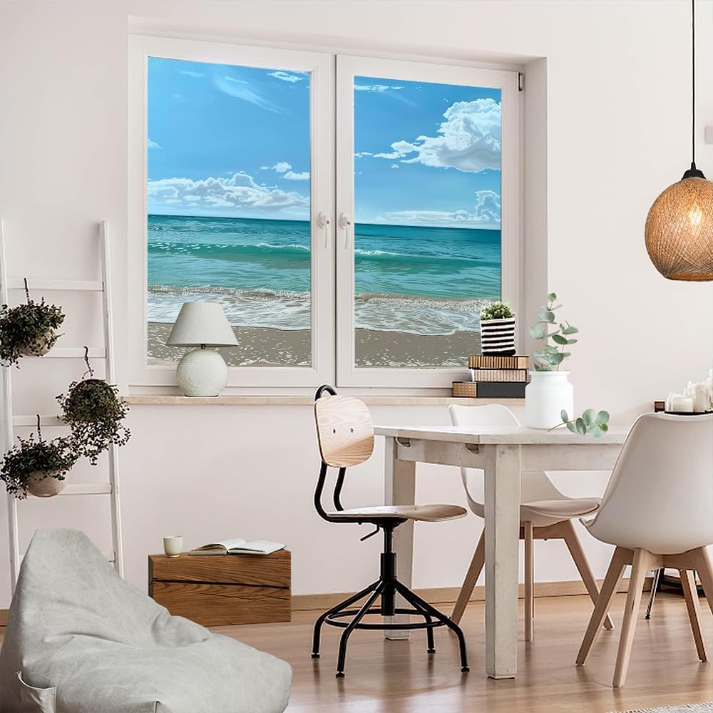 Summer Ocean View Frosted Window Privacy Film Tropical Beach Landscape House Window Film Adhesive Glass Sticker Coverings for Home Decorative 27.6Wx39.4L-inch x2 Pcs