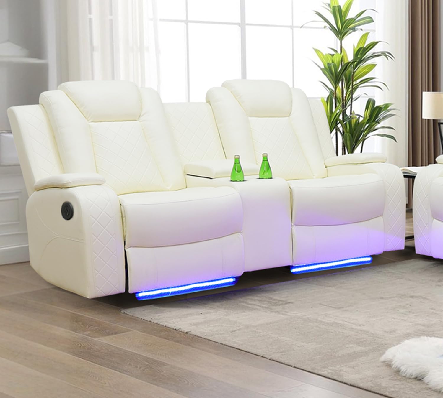 Leather Recliner Sofa Set with LED Lights,Power Reclining Sofa and Loveseat Set with USB Port/Cup Holder for Living Room/House/Home Theater(2 Piece Set,Black)