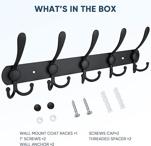 Miniatura 5 de TICONN Perchero montado en la pared, cinco ganchos resistentes de tres ganchos, construcción totalmente metálica para chaqueta, abrigo, sombrero en