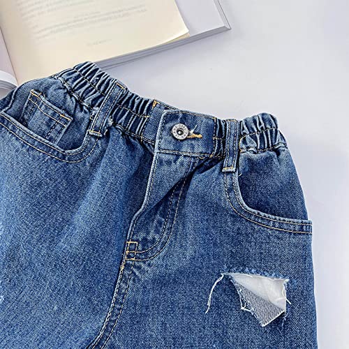 Calça jeans infantil de cambraia para meninos e meninas, Azul, 3-4T