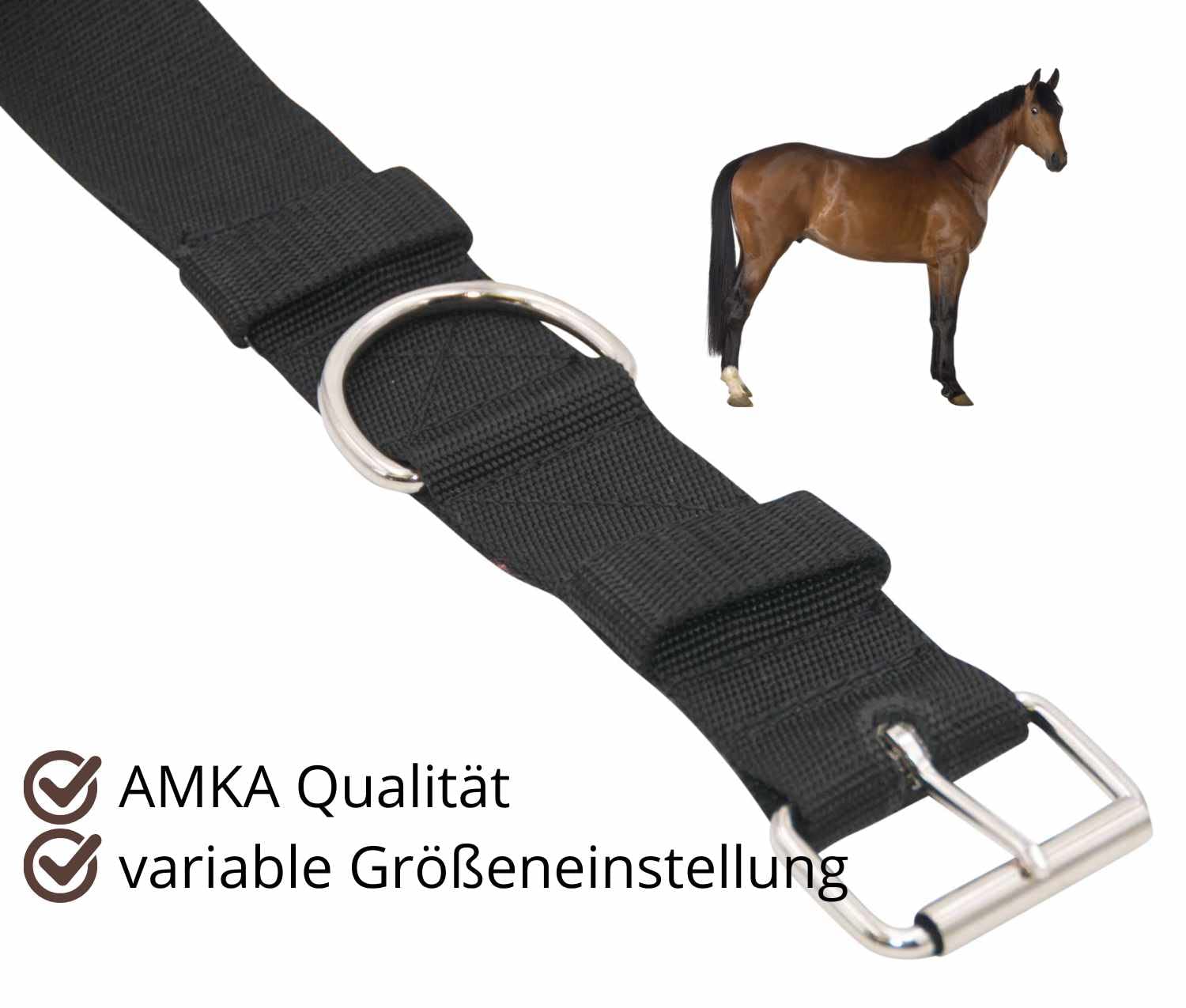 AMKA Halsriemen Nylon Anbinderiemen Anbindegurt für Pferde aus doppeltem Nylon mit Schnalle und Ring, schwarz