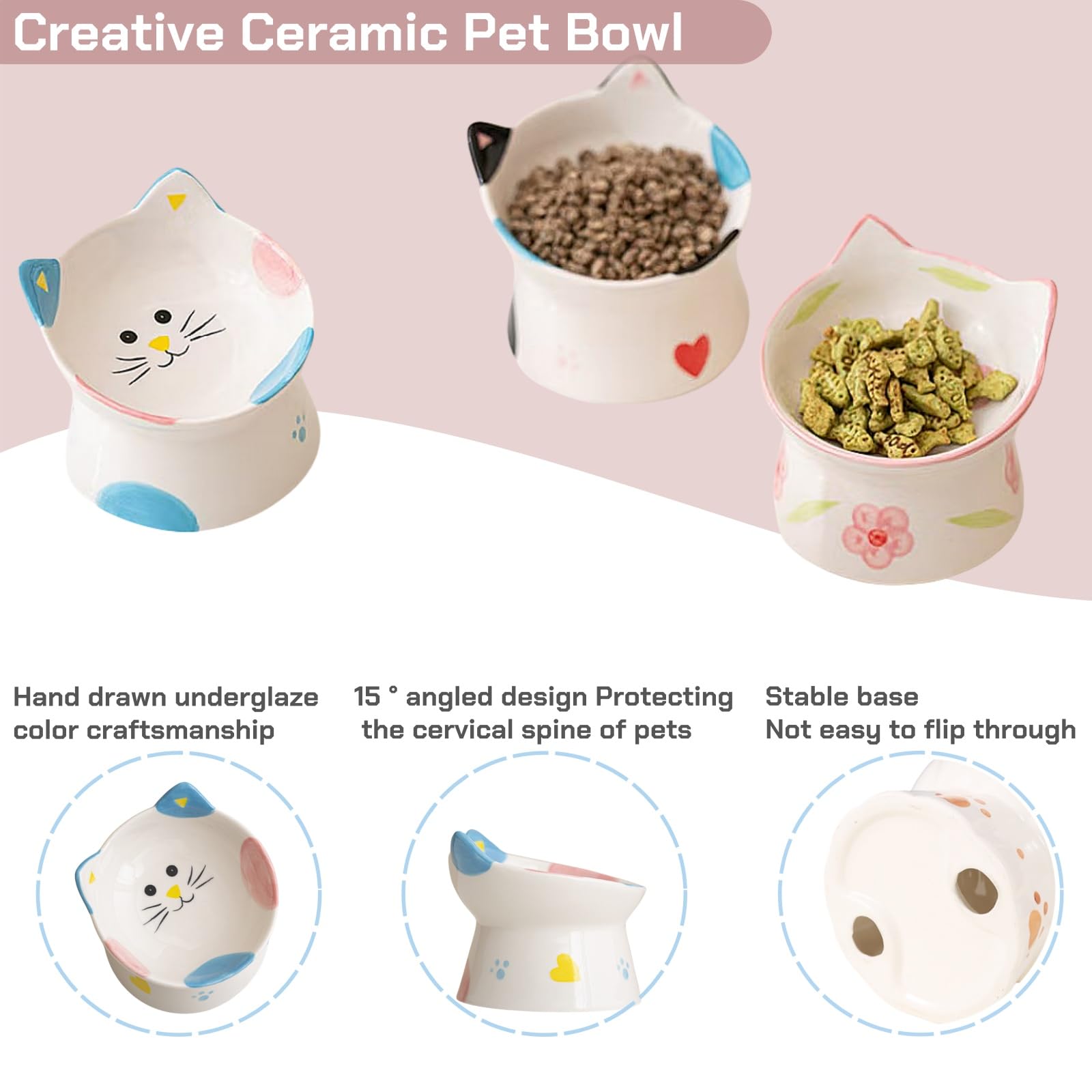 Ceramic Cat Feeder, Elevated Cat Feeding Bowls with Stand Tilted, Neck Protective for Pets 15° Tilted Raised Feeder - Image 3
