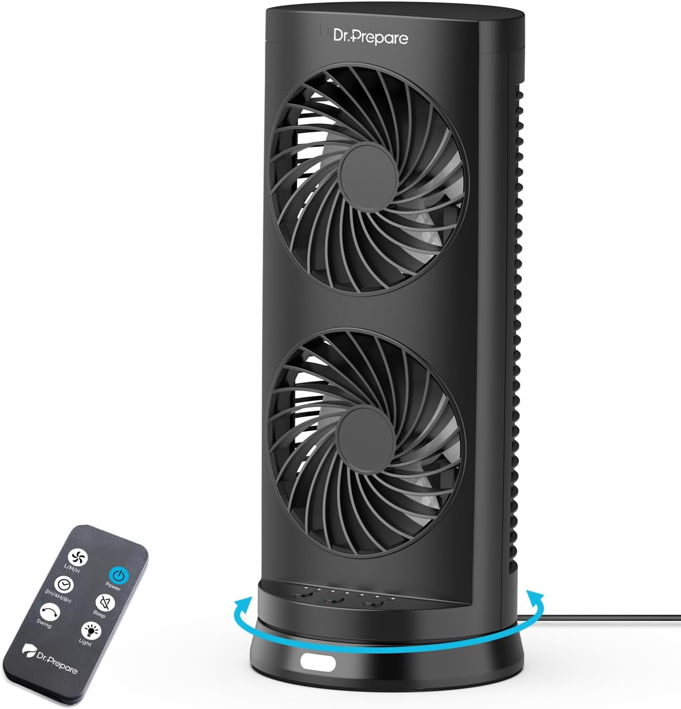 DR.PREPARE Desk Fan USB Tower Cooling Fan with Remote Control, DC Motor Portable Oscillating Fan, 3 Speeds, Dual Air Circulation, 110° Oscillation, Table Fan for Bedroom Dorm Room Office Desktop