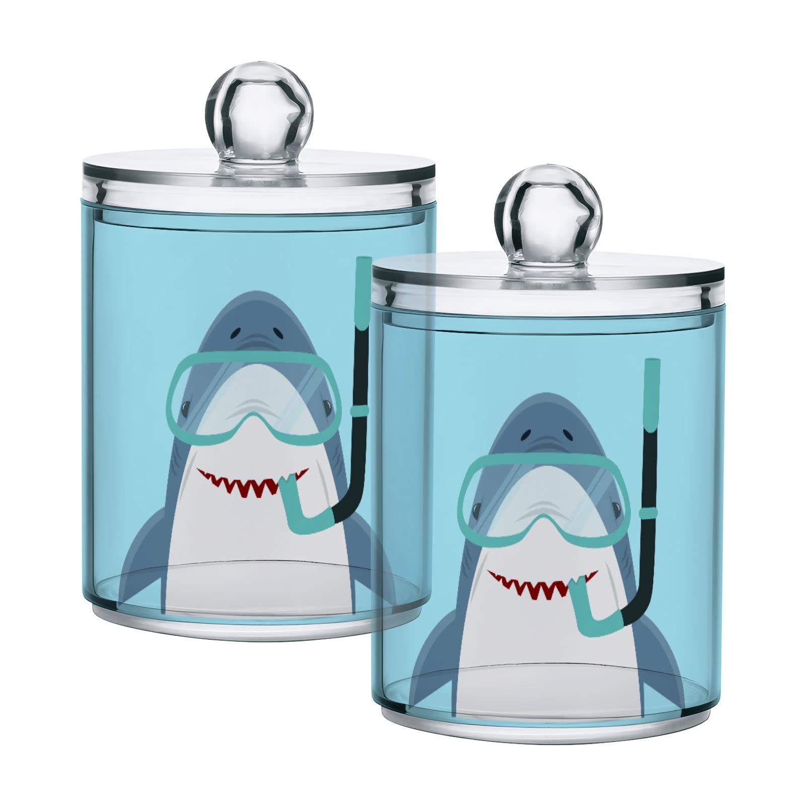 Fustylead 2 Pack Shark with Diving Equipment Qtip Holder Dispensers, Plastic Apothecary Jar Bathroom Accessories Set for Cotton Ball, Swab, Round Pads, Floss
