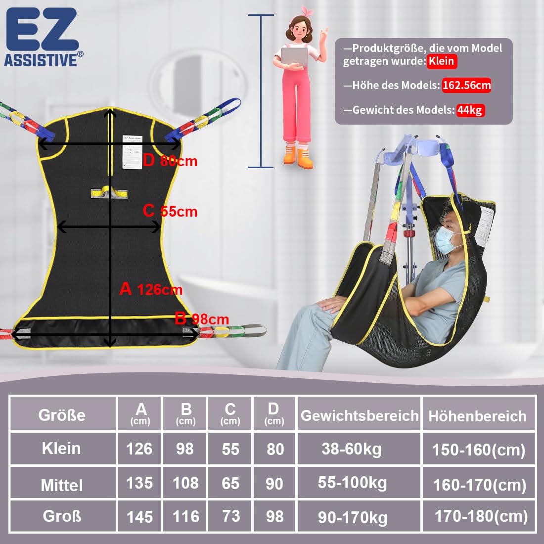 EZ Assistive Full Body Patient Lift Sling features a four points mesh sling for patient transfers and supports up to 500lbs (230kgs). (mittel)