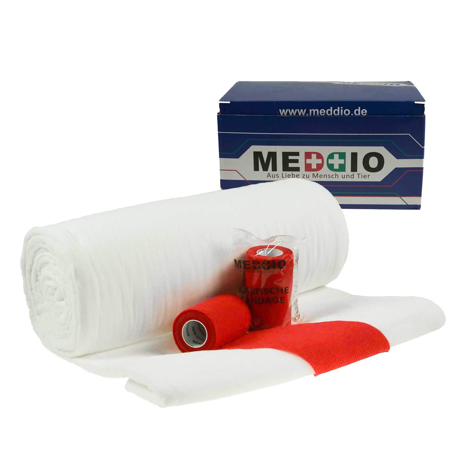 Mullwatterolle 40x500cm + 12 Haftbandagen 10cm rot Mullwatte Verbandwatte Mull