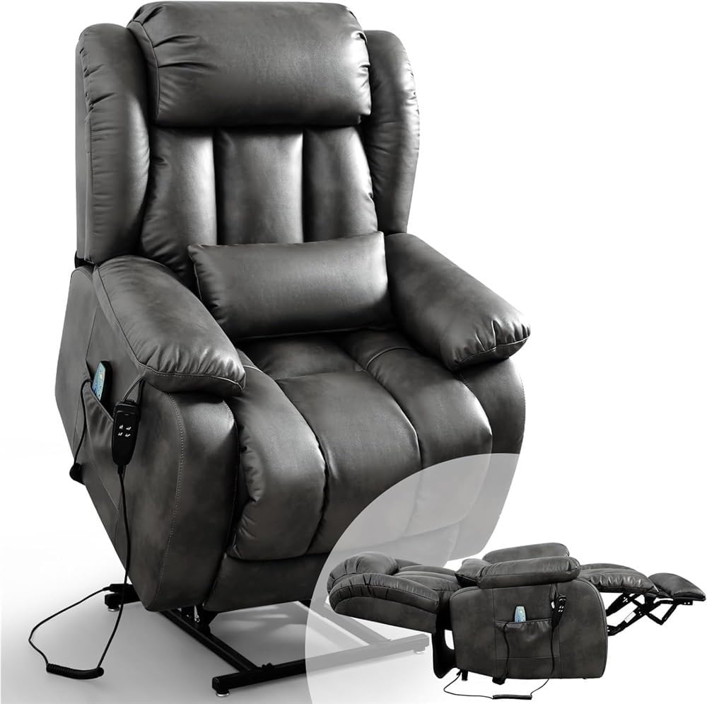 Infinite Position Lay Flat Lift Recliner Chair for Adults Elderly Dual Motor Power with Massage Heating USB Charging Ports Remote Control Lumbar Support Pillow Genuine Leather Living Room Furniture
