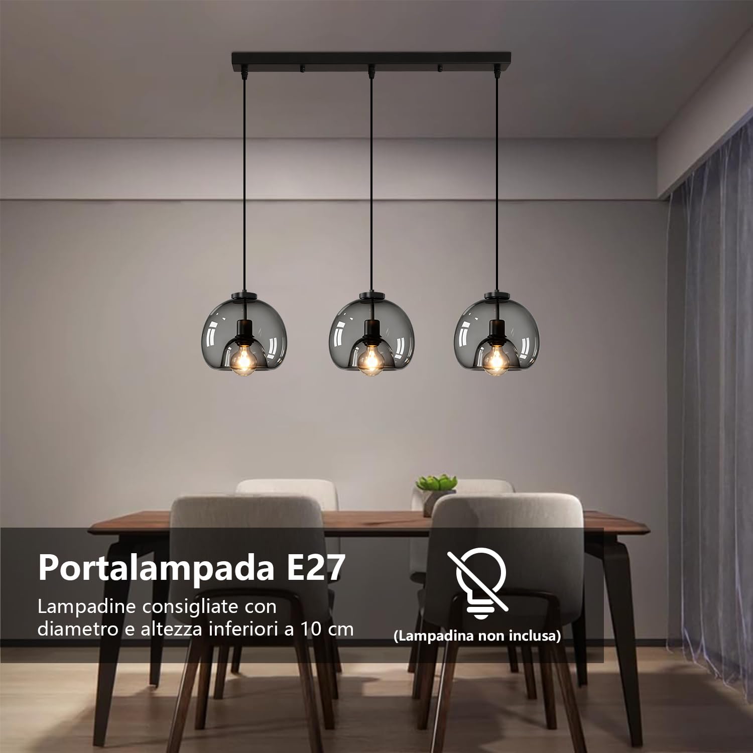 Lampada a Sospensione Vetro 3 Luci - Lampadario da Soffitto Cucina Vintage | Altezza Regolabile, Paralume Vetro Trasparente Nero, Attacco E27 Plafoniera da Soffitto per Cucina, Camera da Letto, Caffè
