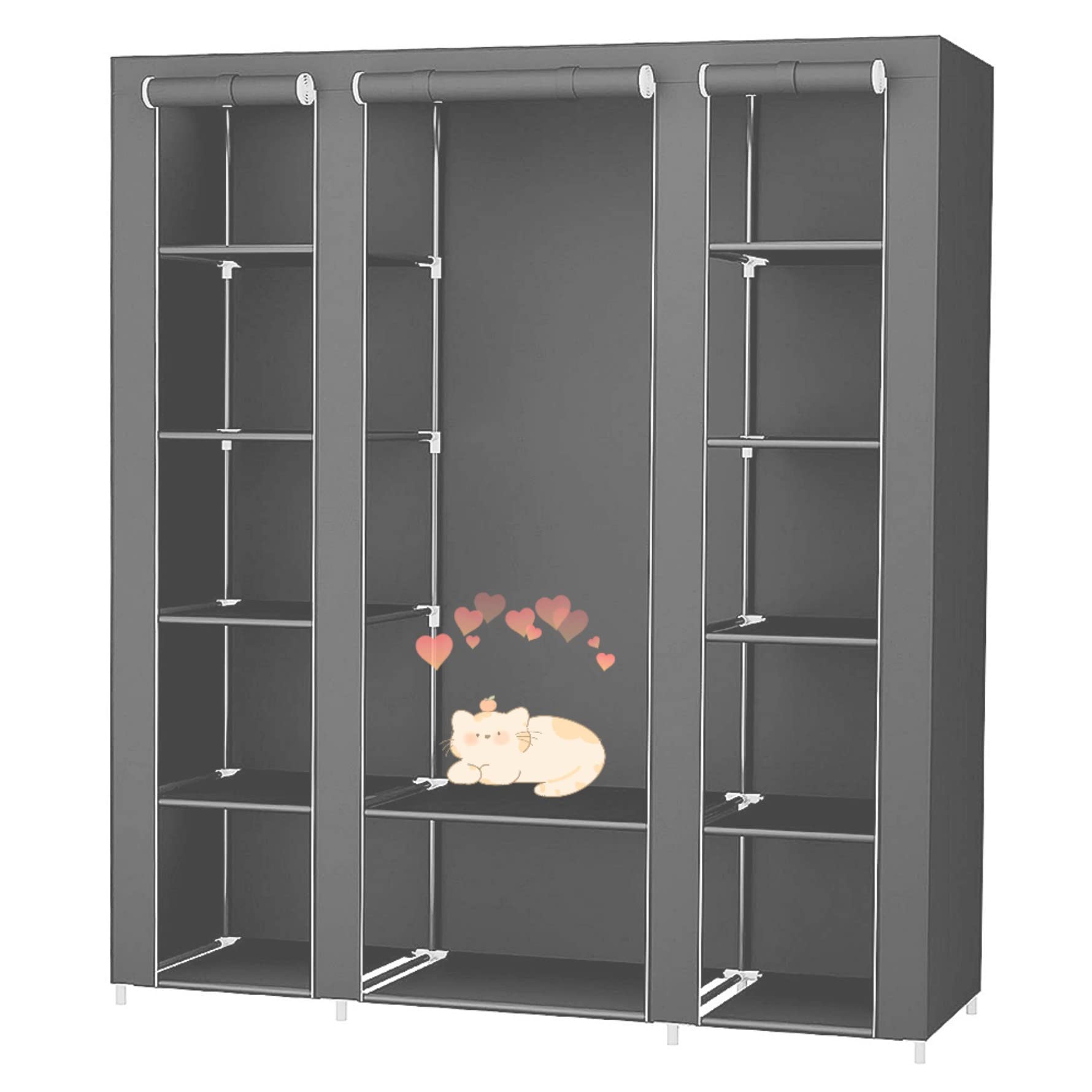 LANTUS Armario Tela Plegable– Guardar Ropa Organizador de Textil Tela Portátil con Cremallera y Barra de Armario per Colgar – Closet Estanteria Exterior(Gris, 172 * 134 * 43cm)