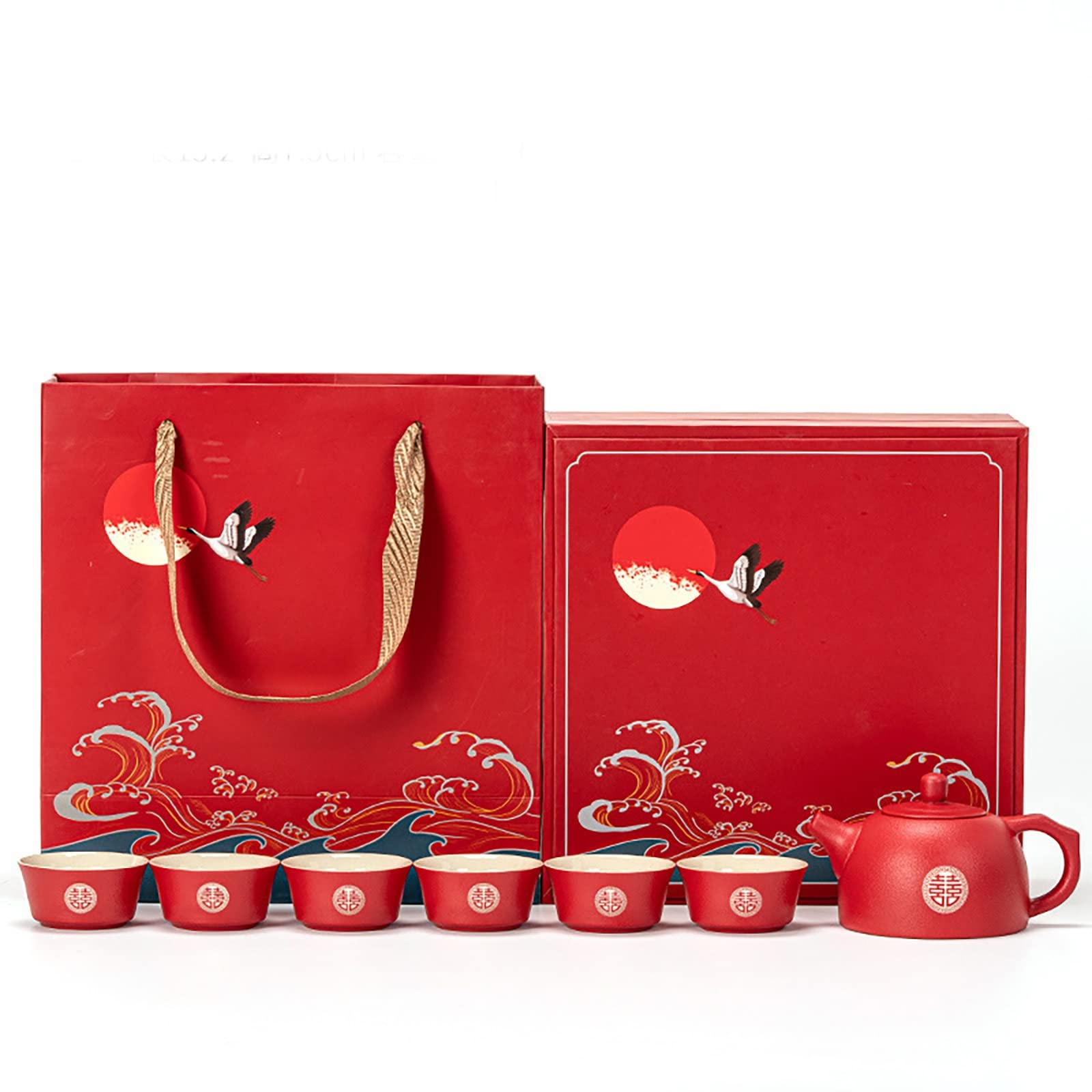 Chinese Kung Fu Tea Set Teapot Double Happiness Porcelain Red Wedding Tea Set Teapot, Chinese Traditional Wedding Decoration Supplies, Creative Ceramics Tea Service Set (Color : 1 pot 6 Cups)