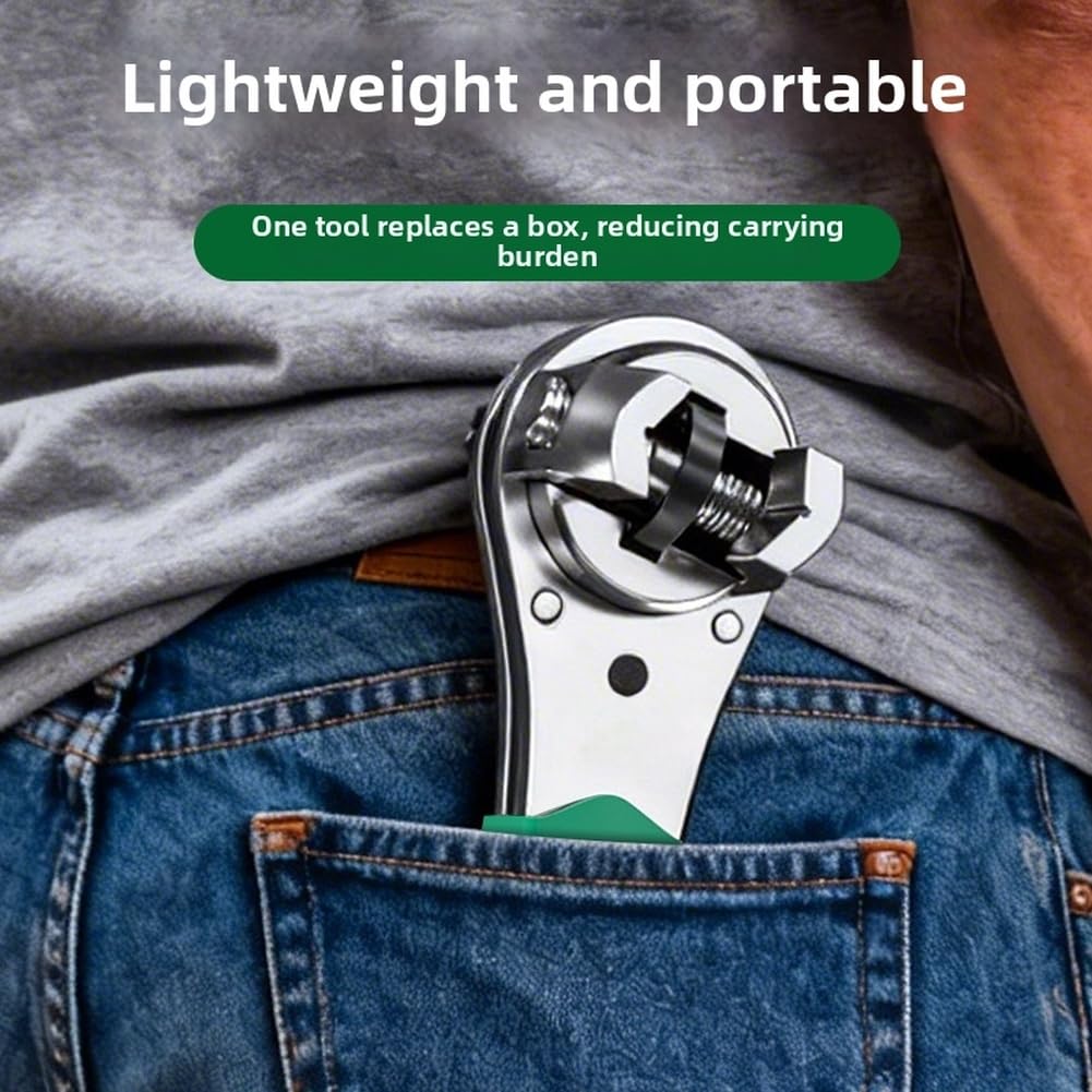 Llave de trinquete multifuncional 3 en 1 con engranaje de precisión de 60 dientes y mandíbula flexible de 6,35 mm a 22,5 mm para tareas mecánicas generales en acabado verde (C)