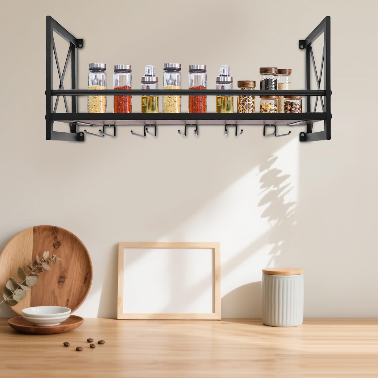 Étagère à vin murale en bois avec cadre en métal, design industriel, pour environ 10 bouteilles + 12 porte-verres à vin, idéal pour la maison, le bar, la cuisine, le restaurant