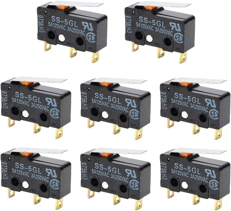 Limit Switch SS-5GL 5A Micro Subminiature Snap Action Switch, Arm Push Button Momentary Actuator, for 3D Printer, Electronic Equipment, Automatic Machine, car Electric (Pack of 8 pcs)