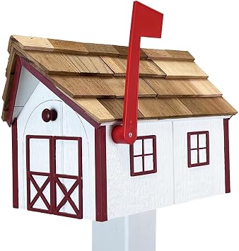 Peaceful Classics Amish Cedar Roof Wooden Mailbox, White & Burgundy | Durable, Weather-Resistant, Amish Craftsman, Outside Uses Like Front Yard and Road Side, Long-Lasting, Decorative, Modern