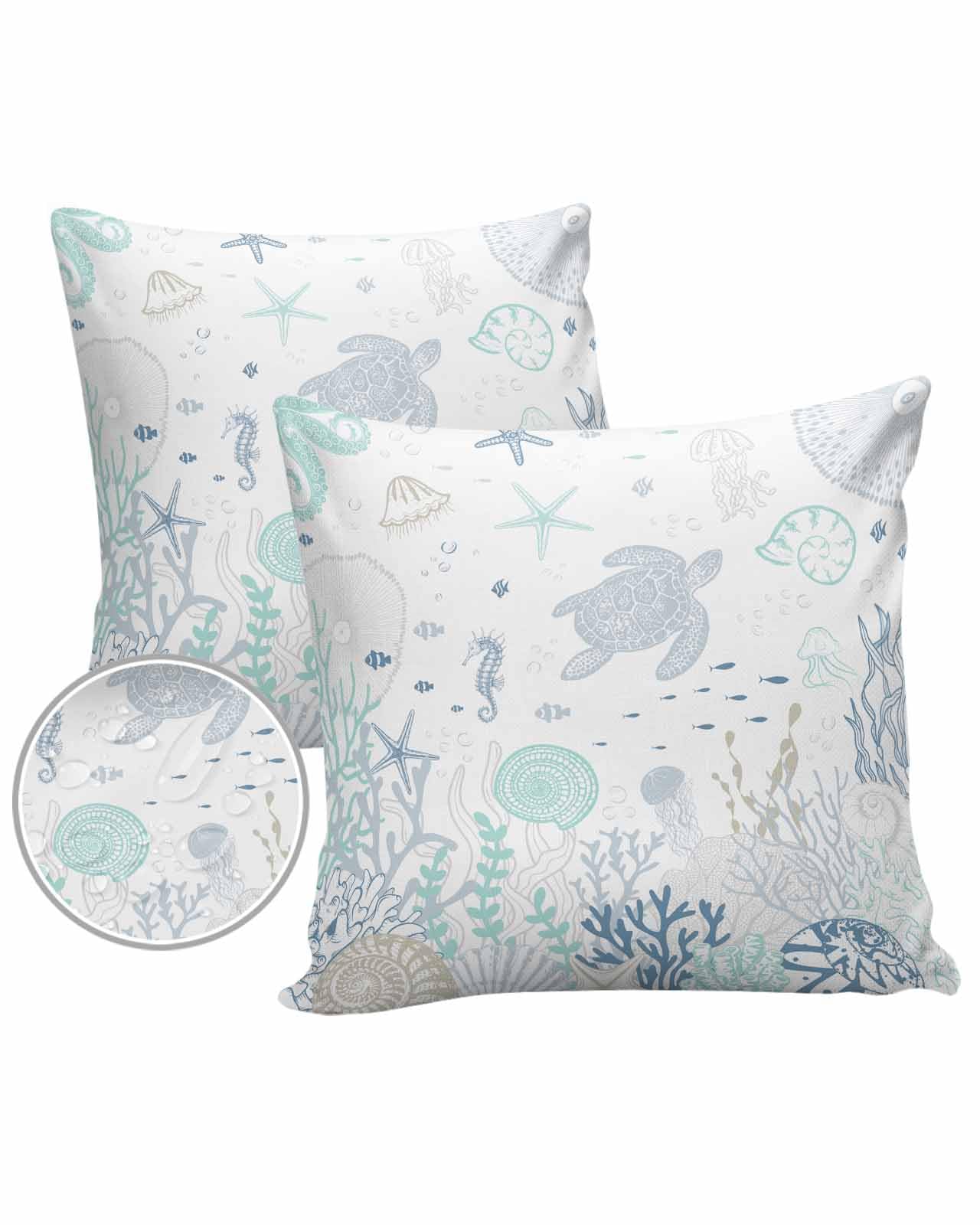 Aqua White Turtle Outdoor Pillow Covers Waterproof,All Weather Cushion Case Set of 2 Decorative Pillowcases for Sofa Couch Bed Decor Patio Furniture 20