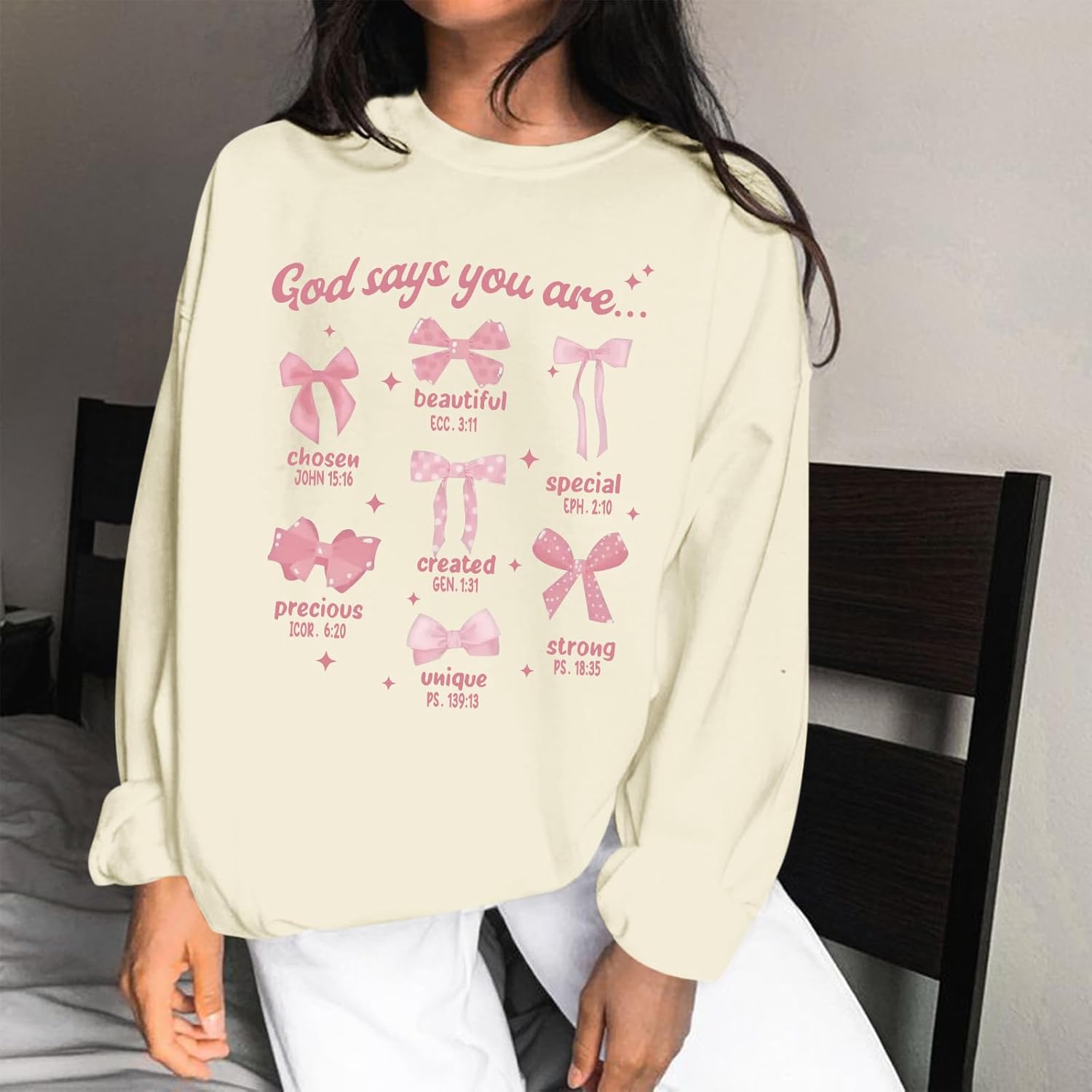 Christian Bow Sweatshirt for Women God Jesus Bible Verse Sweatshirts Cute Bow Graphic Coquette Long Sleeve Shirts - Image 6
