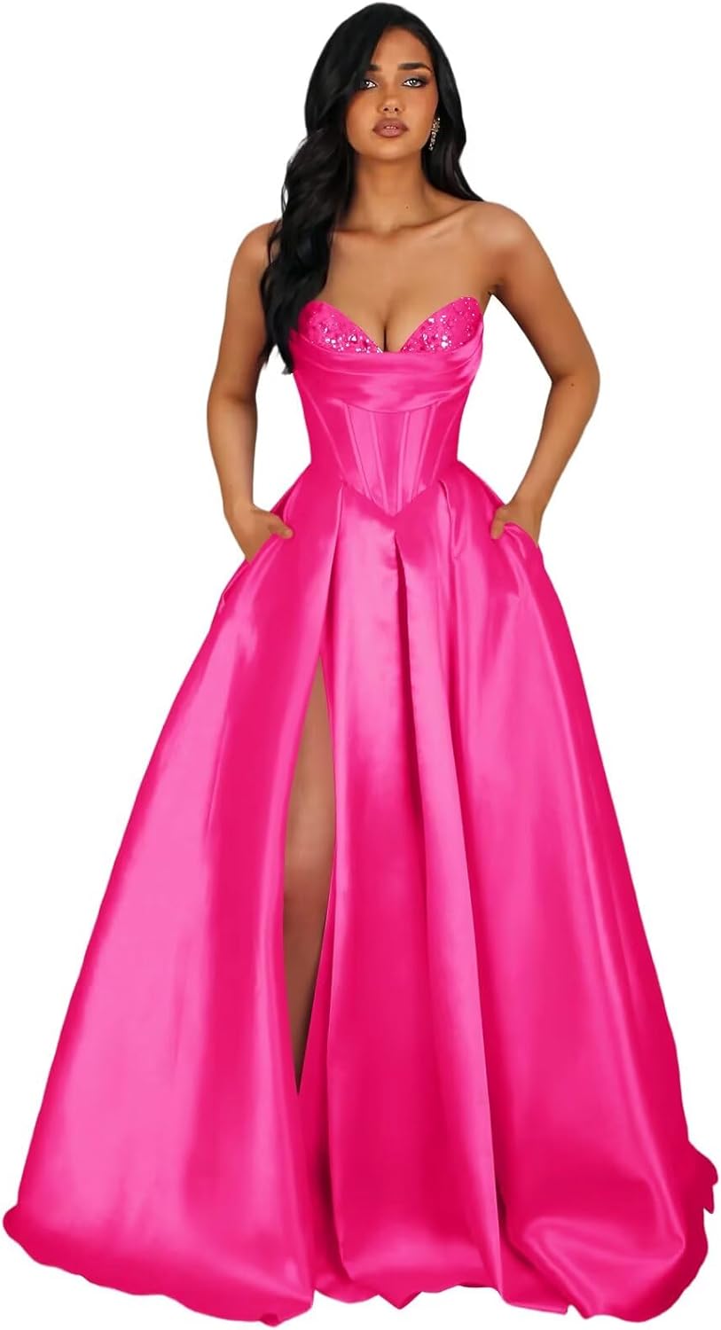 Satin Prom Dresses for Women 2026 Corset Strapless Pockets Long Formal Evening Cocktail Dress with Slit