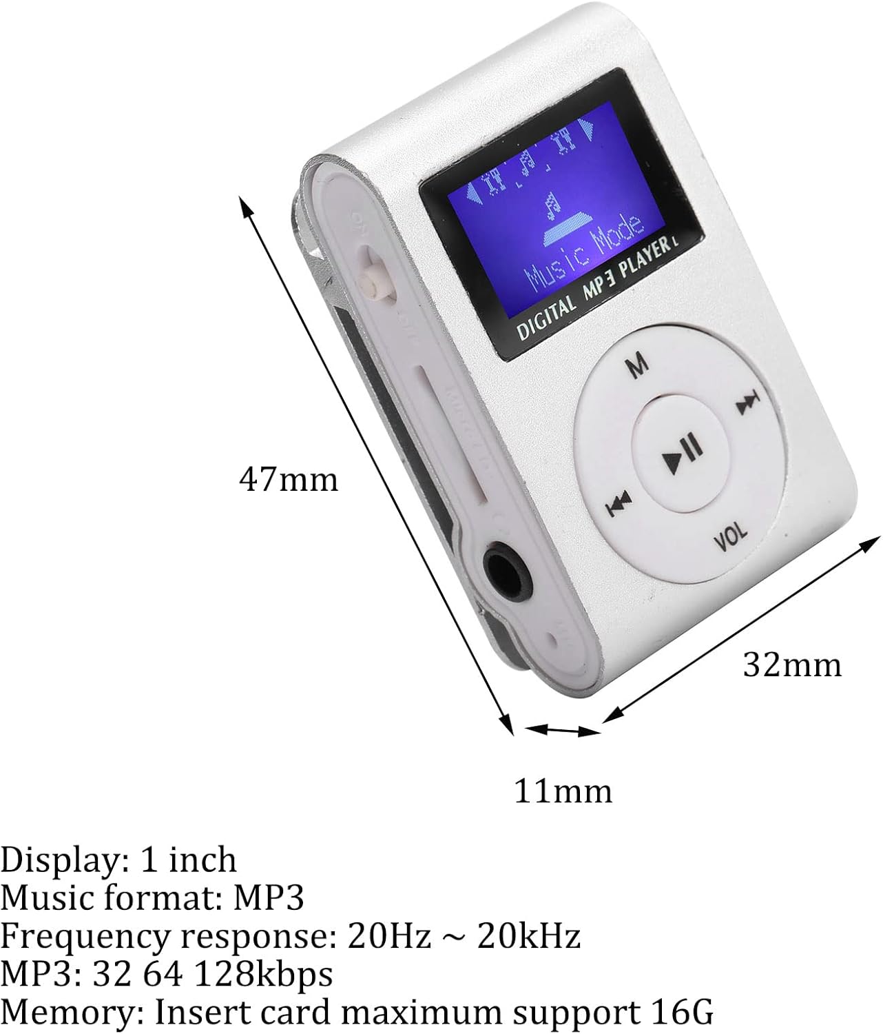 Image showing the dimensions of the MP3 player: 47mm length, 32mm width, 11mm thickness.