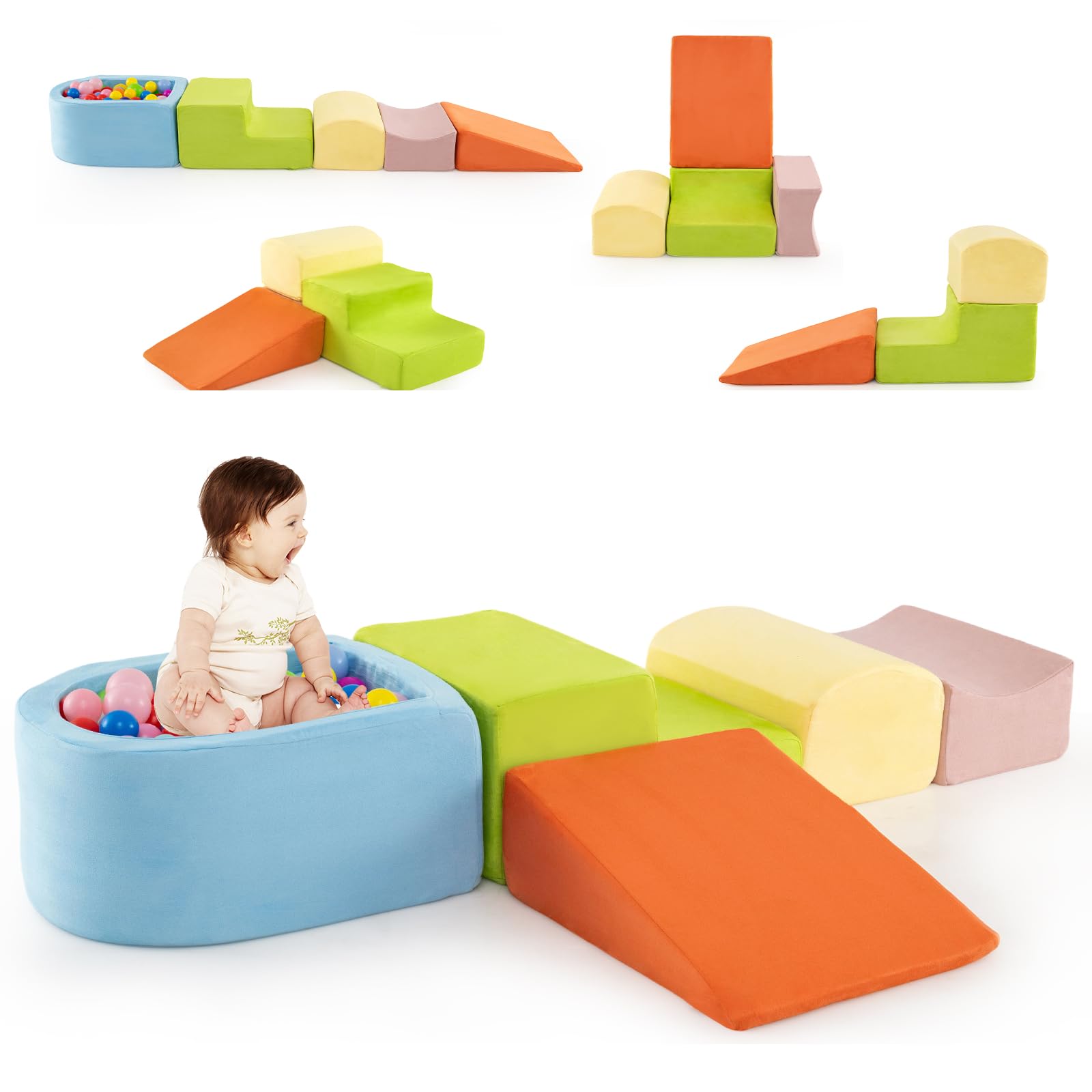 Maxmass 5Pcs Toddler Climb and Crawl Foam Play Set, Baby Soft Foam Blocks with Ball Pit, Kids Soft Play Equipment for Playroom Nursery (Colorful)