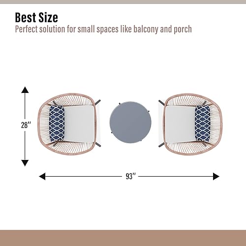 Miniatura 8 de LAUSAINT HOME Juego de 3 piezas de bistró para patio, juegos de muebles de mimbre para exteriores con 2 sillas anchas y mesa auxiliar, juego de