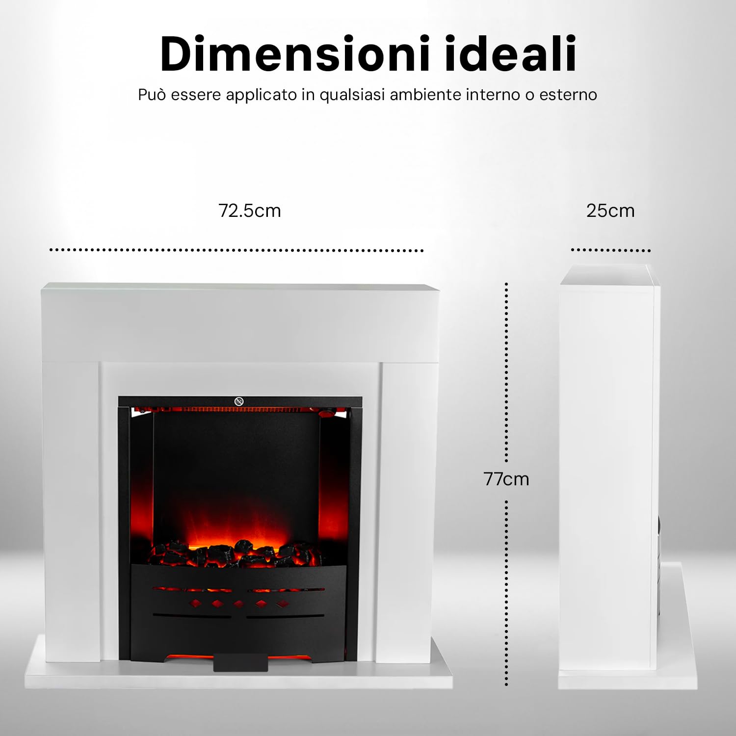 Camino Elettrico Denver 1500W - Caminetto Elettrico con Mobile in Legno Bianco, Effetto Fiamma Regolabile con 2 potenze - Termocamino Decorativo, Caminetto Finto da Terra 77x72,5 cm