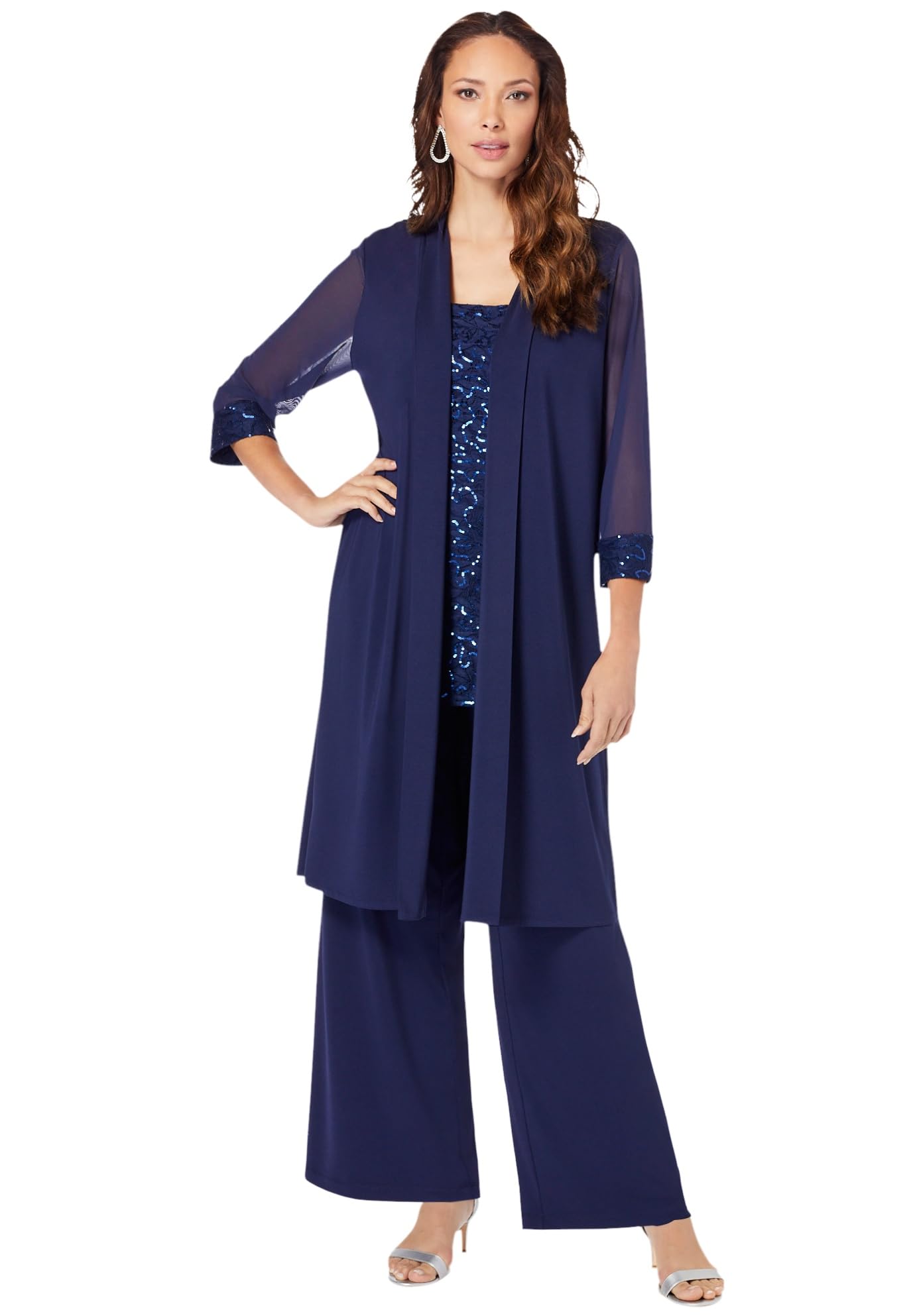 Roaman's Women's Plus Size Plus-Size 3 Piece Knit Embellished Pant Set