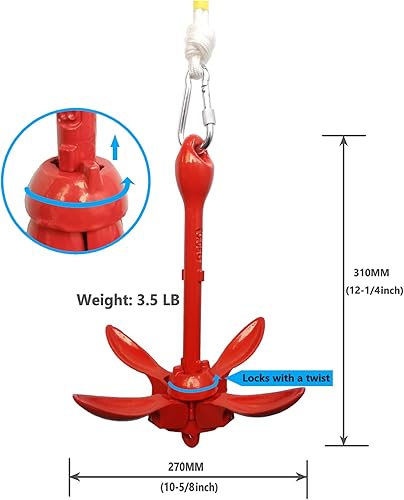 Miniatura 6 de Anchor for Kayak and Jet Ski, 3.5 lb with Rope for Paddle Board Pontoon PWC SUP Canoe Accessories, Boat Anchor Kit,Folding Grapnel Anchor, red