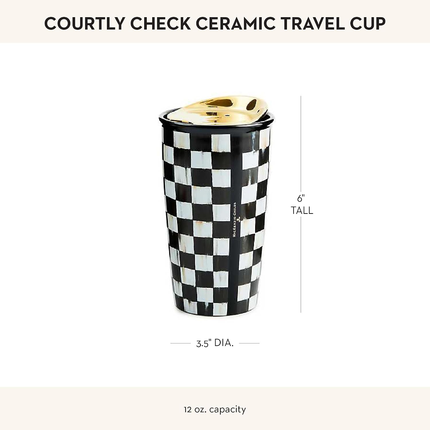 MACKENZIE-CHILDS Ceramic Travel Cup, Cute Tumbler Cup with Lid, 12 Ounces, Black-and-White Courtly Check