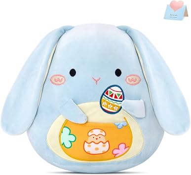 Easter Bunny Plush Pillow,Blue Stuffed Rabbit Pillow with Egg Pocket,Cute Bunny Plush Toy,Soft Bunny Plush Hugging Pillow Easter Birthday Gifts for Kids Home Decor,12 Inch