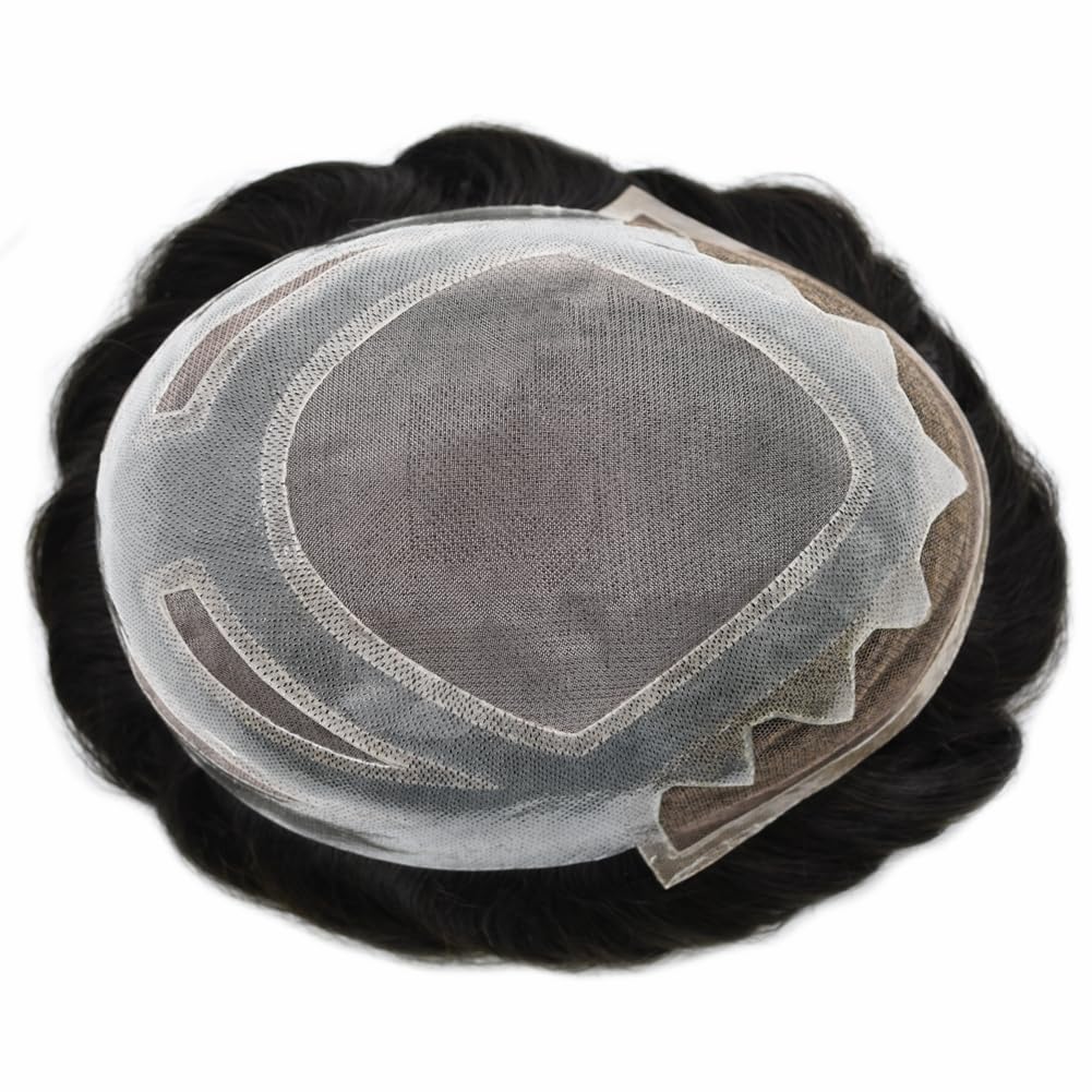 French Lace Front Mens Hair System Toupee for Men Natural Hairine 8"X10" Human Hair System for Men Hairpiece #1B off black