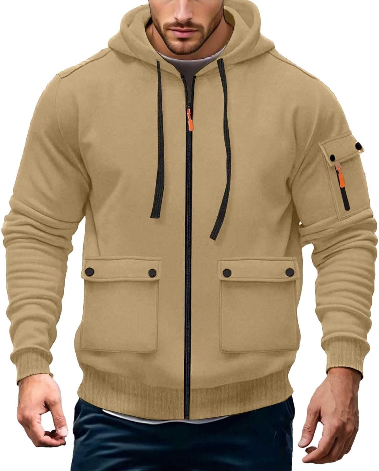Mens Casual Full Zip Hooded Jacket Lightweight Outdoor Sportswear with Pockets for Daily Relaxation