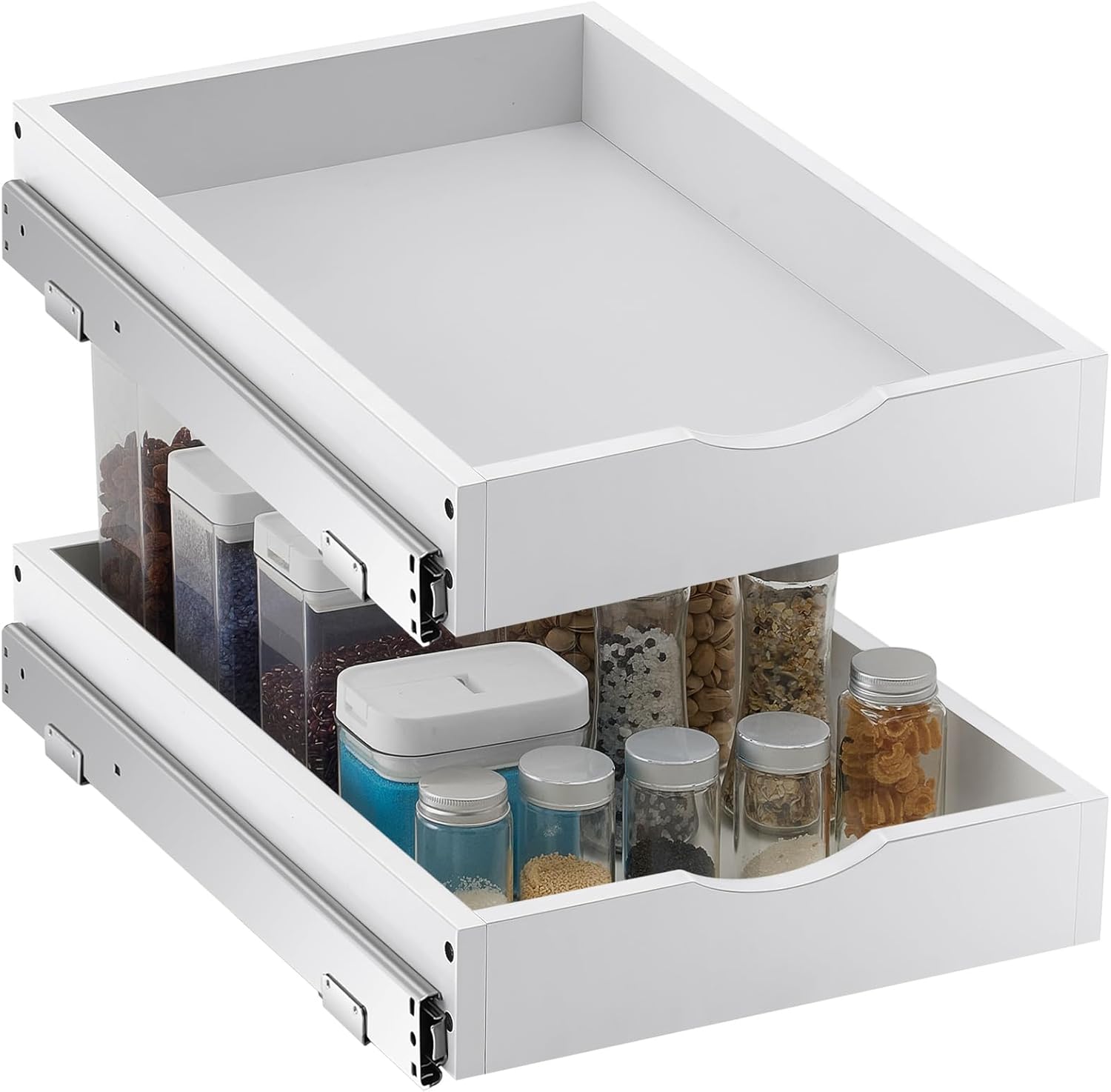 Menkxi 2 Set Pull out Tray Cabinet Organizer Wooden Pull Drawers storage Slide out Pantry Shelf for Base Cabinet Kitchen Gentle Close Fully Assembled Accessories(White,15'' X 21'' X 3'') 15'' X 21'' X 3'' White