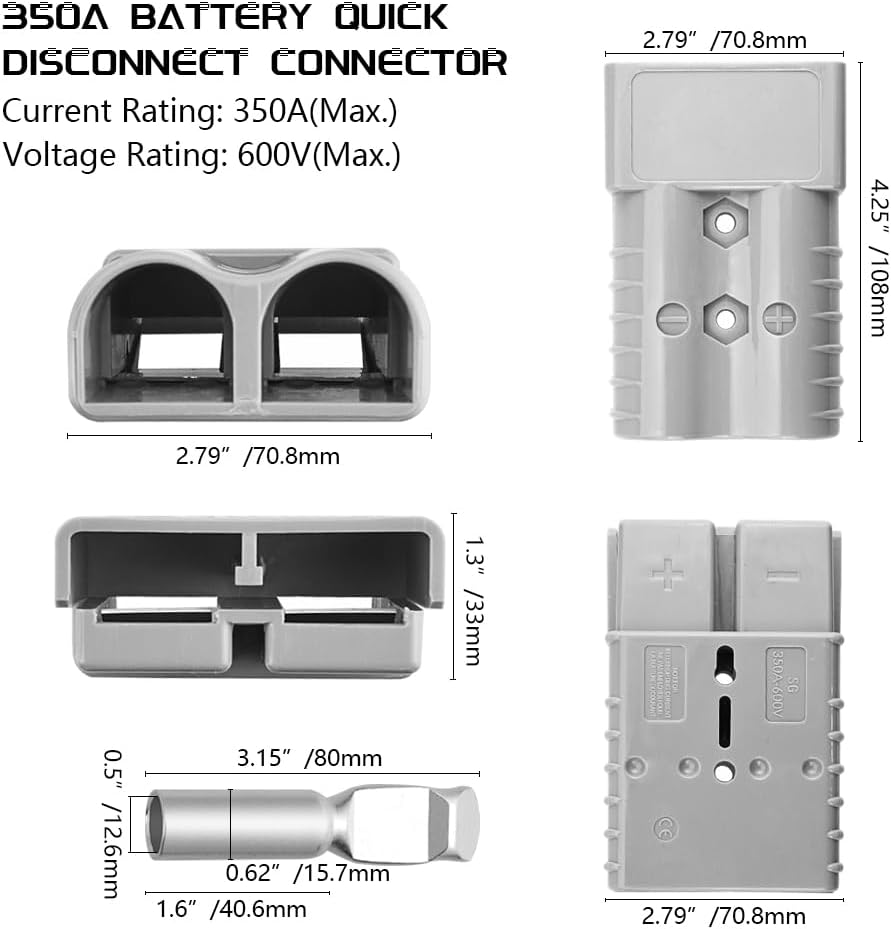WMYCONGCONG 350A Battery Quick Disconnect Connector 2/0 AWG 600V Battery Power Connector Plug Winch Wiring Kit for Towing (350A)