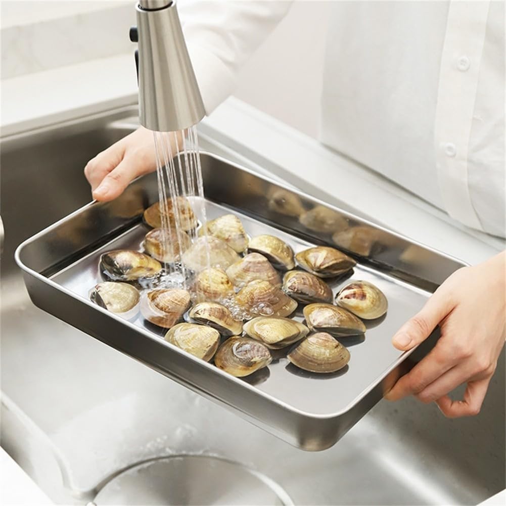 Sartén de acero inoxidable con tapa, 31 x 24 x 5 cm, versátil bandeja de refrigeración y bandeja para platos, apta para lavavajillas, perfecta para hornear y servir cenas