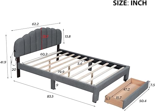 Miniatura 17 de DEINPPA Base de cama tapizada tamaño matrimonial con cabecera ajustable de flores elegantes, cama de plataforma de terciopelo con soporte de Bean