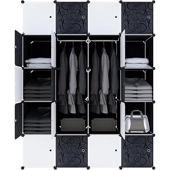 HENGMEI Kleiderschrank Garderobe Regalsystem mit T ren PP Kunststoff Aufbewahrung von Kleidung B chern DIY Montage Steckregal 20 Boxen mit T r mit 2 Kleiderstange Schwarz