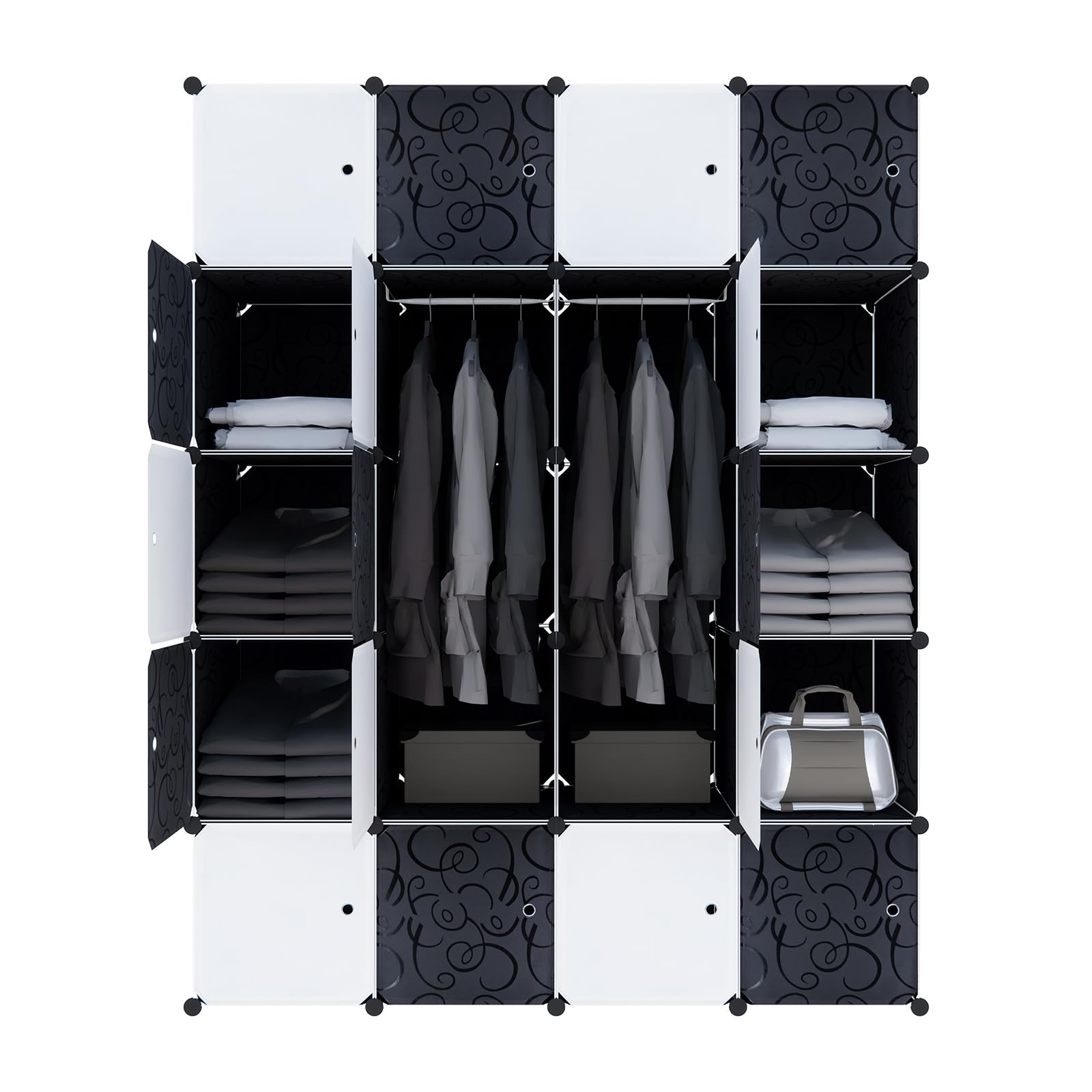 HENGMEI Armario Armario sistema de estanterías con puertas de plástico PP para guardar ropa, libros, bricolaje montaje (20 cajas con puerta, con 2 barras negras)