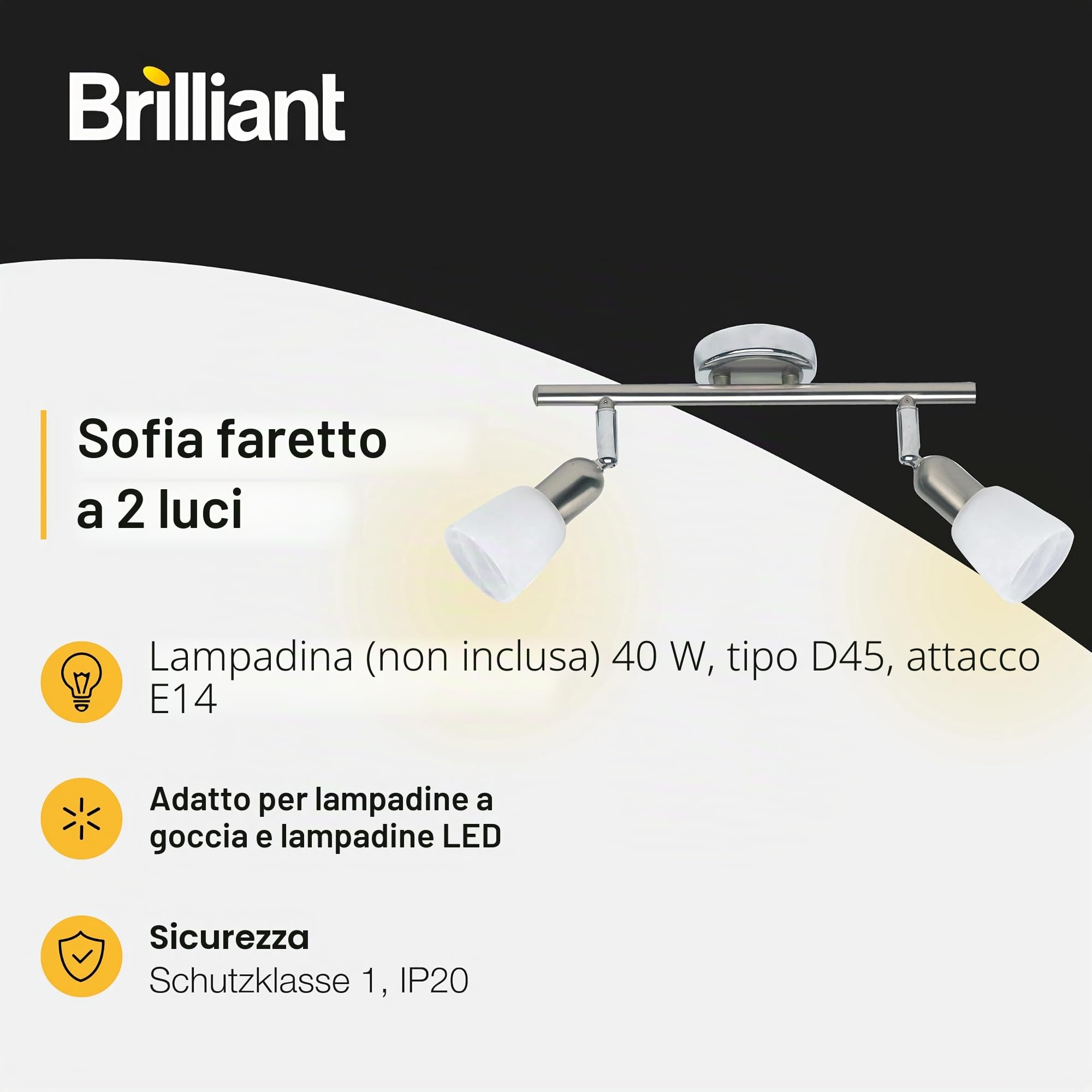 Brilliant Sofia 55313/77 - Barra con 2 faretti E14 max. 40 W, in metallo e vetro, colore: Ferro/cromato