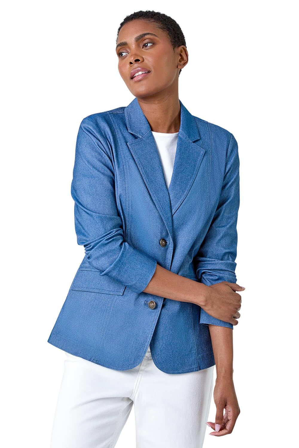 Roman Originals Women's Denim Stretch Blazer For Uk - Everyday Holiday Spring Summer V-Neckline Comfy Soft Evening Vacation Work Party - Size 10
