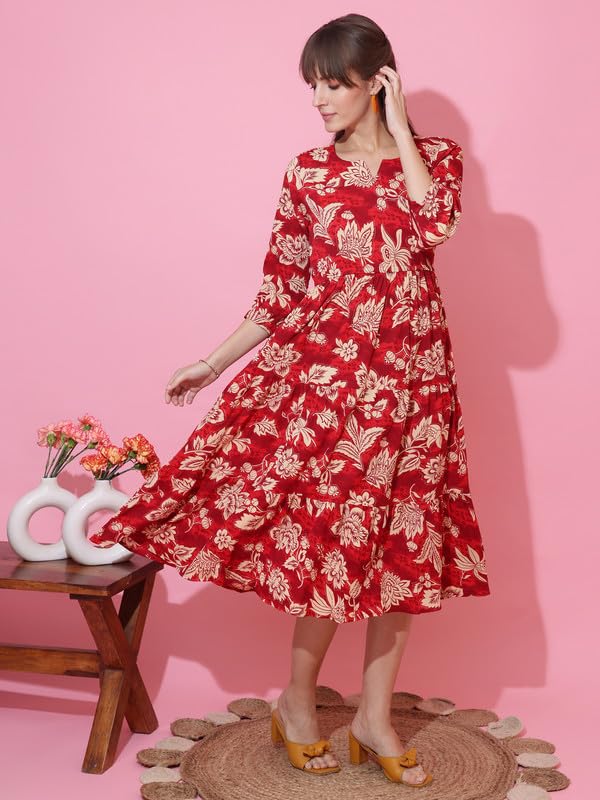 Image of Sheetal Associates Women's Casual 3 /4 Sleeve Crepe Fit and Flare Dress| Comfortable Relaxed Fit Summer Party Dress