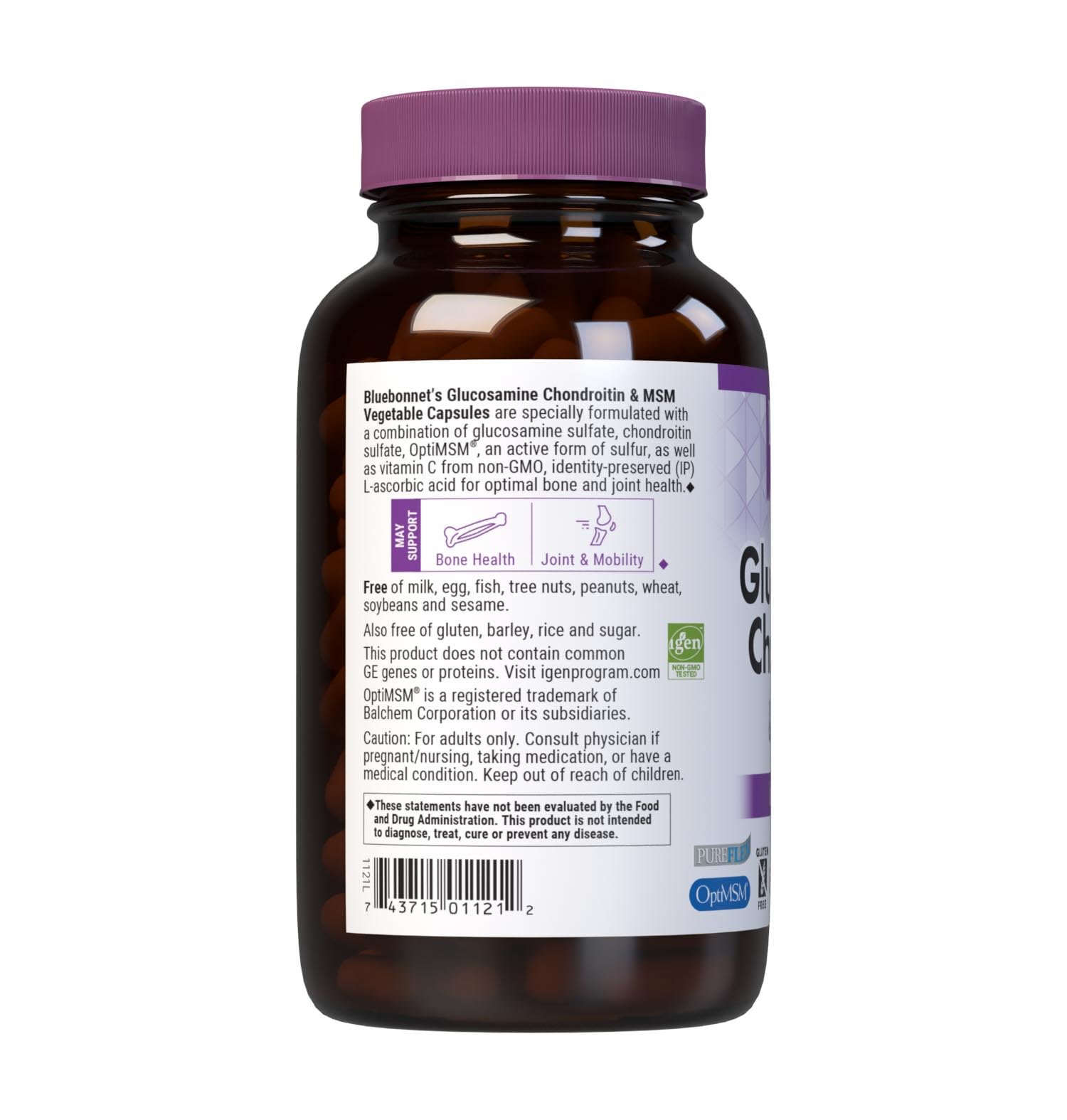 Bluebonnet Nutrition Glucosamine Chondroitin Plus MSM, Glucosamine, Chondroitin Sulfate, Vitamin C & OptiMSM, Bone & Joint Health, Non GMO, Gluten Free, Soy Free, Milk Free, 180 Vegetable Capsules — Amazon image 3